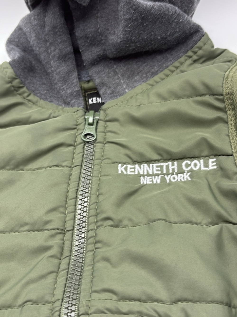 Kenneth Cole Olive Green Quilted Jacket with Gray Hood